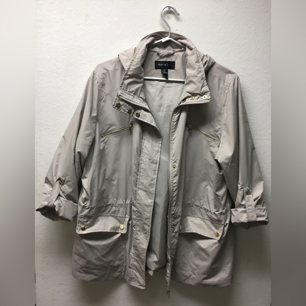 Style and Co Womens Sz XL Nylon Lightweight Hooded Cream Gold Windbreaker Jacket